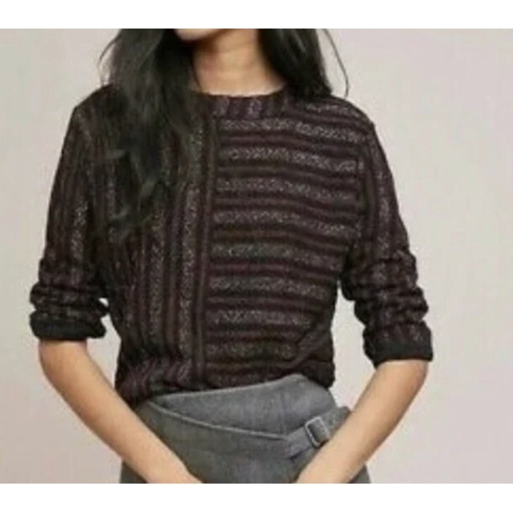 Anthropologie Akemi & Kin Metallic Striped Pullover Sweater M Black Burgundy